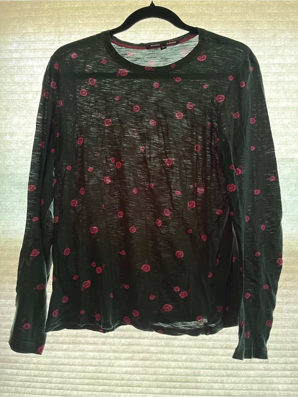 Proenza Schouler Dark Green Long-Sleeve Tee with Pink Rose Print